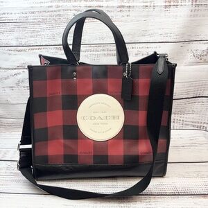 COACH Dempsey Red and Black Buffalo Check XL Tote Travel Work Bag